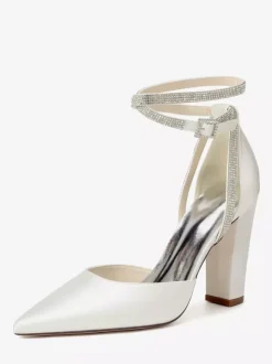 Chaussures de mariée en satin à bout pointu et bride à la cheville avec strass