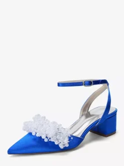 Chaussures de mariée en satin à talon compensé perles et bride cheville