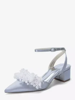 Chaussures de mariée en satin à talon compensé perles et bride cheville
