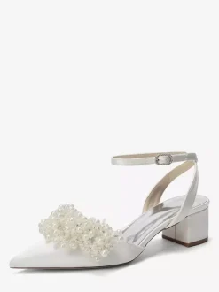 Chaussures de mariée en satin à talon compensé perles et bride cheville
