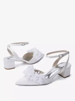 Chaussures de mariée en satin à talon compensé perles et bride cheville