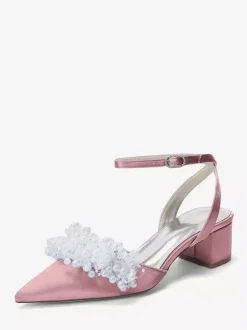 Chaussures de mariée en satin à talon compensé perles et bride cheville
