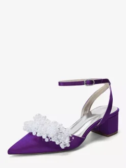 Chaussures de mariée en satin à talon compensé perles et bride cheville