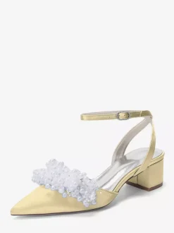 Chaussures de mariée en satin à talon compensé perles et bride cheville