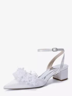 Chaussures de mariée en satin à talon compensé perles et bride cheville