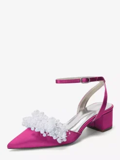 Chaussures de mariée en satin à talon compensé perles et bride cheville