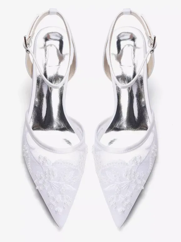 Chaussures de mariée à petits talons bout pointu en dentelle bride cheville
