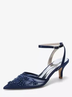 Chaussures de mariée à petits talons bout pointu en dentelle bride cheville