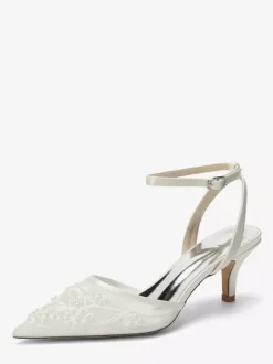 Chaussures de mariée à petits talons bout pointu en dentelle bride cheville