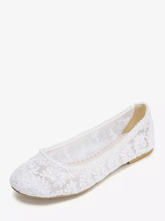 Chaussures de mariée plates à bout rond perles et dentelle style vintage
