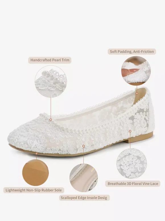 Chaussures de mariée plates à bout rond perles et dentelle style vintage