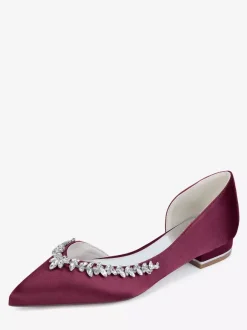 Chaussures de mariée plates en satin à bout pointu et strass
