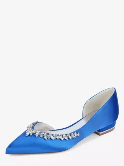 Chaussures de mariée plates en satin à bout pointu et strass