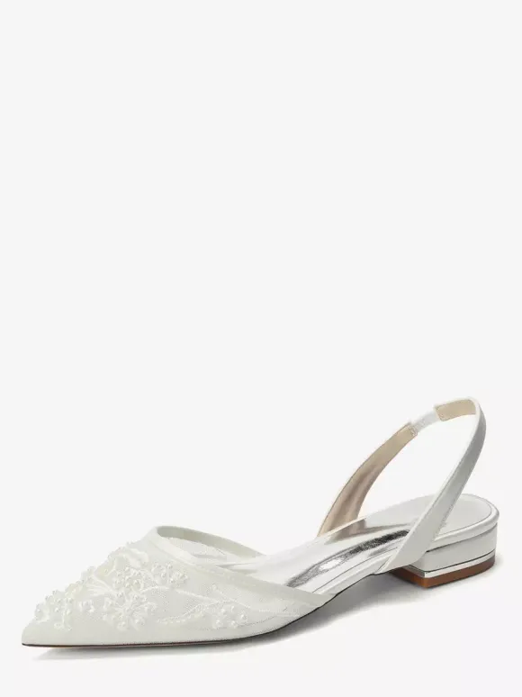 Chaussures de mariée plates en dentelle à bout pointu à enfiler