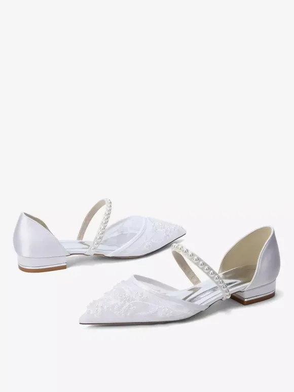 Chaussures de mariée plates en résille à bout pointu ornées de perles