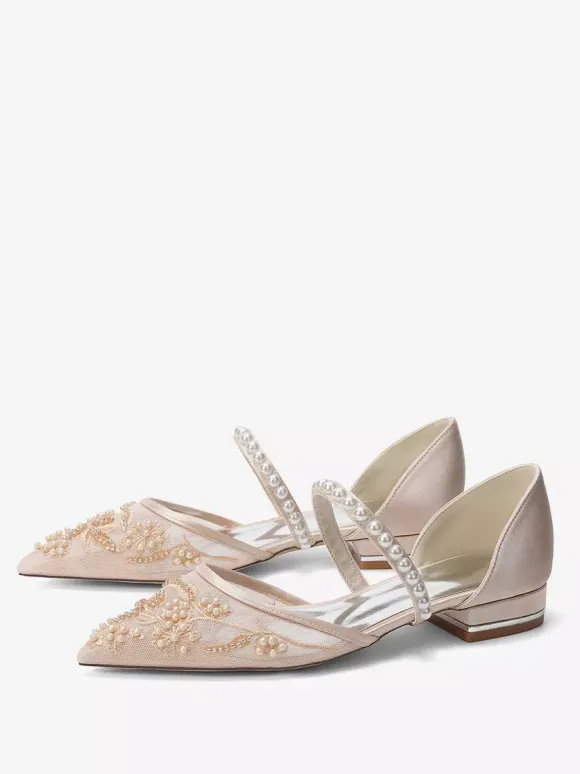 Chaussures de mariée plates en résille à bout pointu ornées de perles