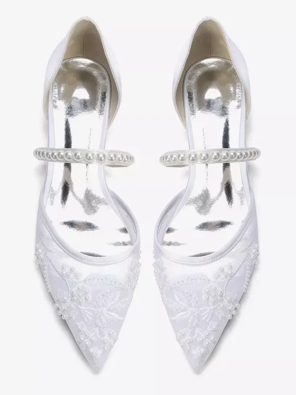 Chaussures de mariée plates en résille à bout pointu ornées de perles