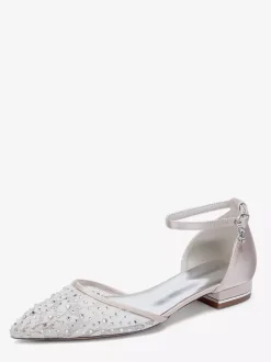 Chaussures de mariée plates en dentelle et strass à bout pointu