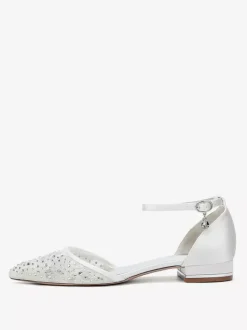 Chaussures de mariée plates en dentelle et strass à bout pointu