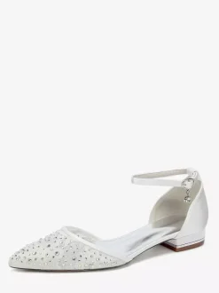 Chaussures de mariée plates en dentelle et strass à bout pointu