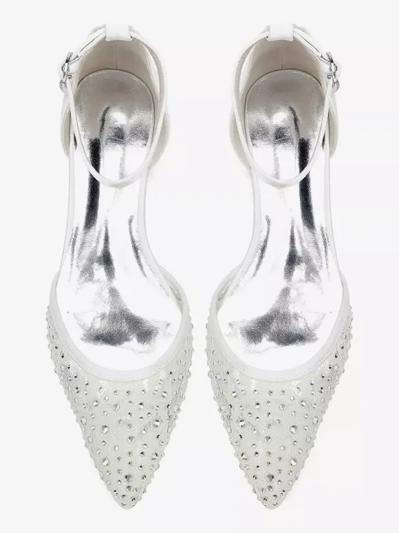 Chaussures de mariée plates en dentelle et strass à bout pointu