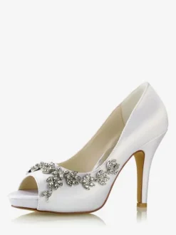 Chaussures De Mariée Pour Femmes Satin Blanc Bout Ouvert Strass Talon Chaussures De Mariage