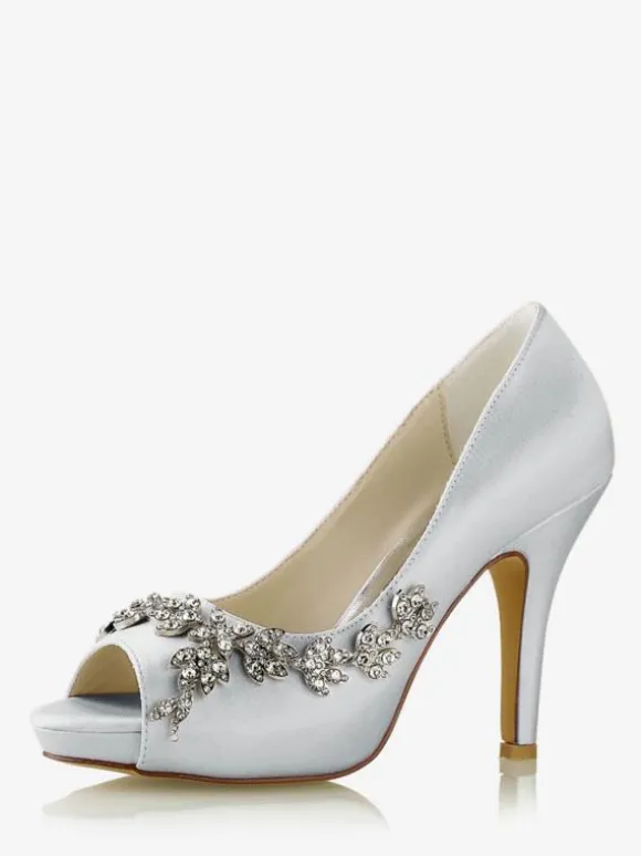 Chaussures De Mariée Pour Femmes Satin Blanc Bout Ouvert Strass Talon Chaussures De Mariage