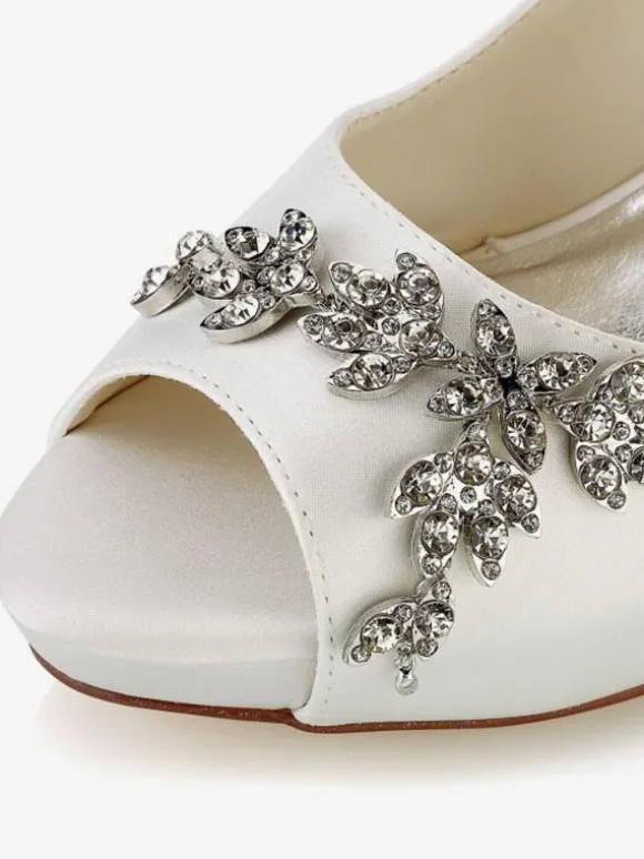 Chaussures De Mariée Pour Femmes Satin Blanc Bout Ouvert Strass Talon Chaussures De Mariage
