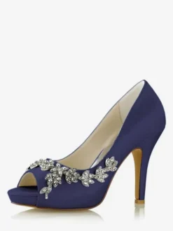 Chaussures De Mariée Pour Femmes Satin Blanc Bout Ouvert Strass Talon Chaussures De Mariage