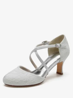 Chaussures De Mariée Pour Femme En Dentelle Bout Rond Strass Talon Trotteur Chaussures De Mariage À Lacets
