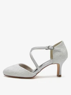 Chaussures De Mariée Pour Femme En Dentelle Bout Rond Strass Talon Trotteur Chaussures De Mariage À Lacets