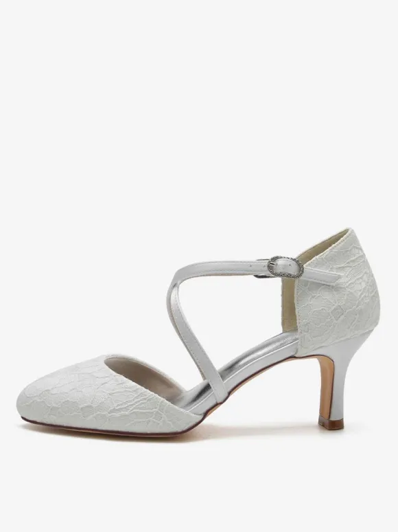Chaussures De Mariée Pour Femme En Dentelle Bout Rond Strass Talon Trotteur Chaussures De Mariage À Lacets