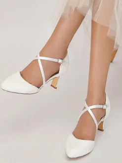 Chaussures De Mariée Pour Femme En Dentelle Bout Rond Strass Talon Trotteur Chaussures De Mariage À Lacets