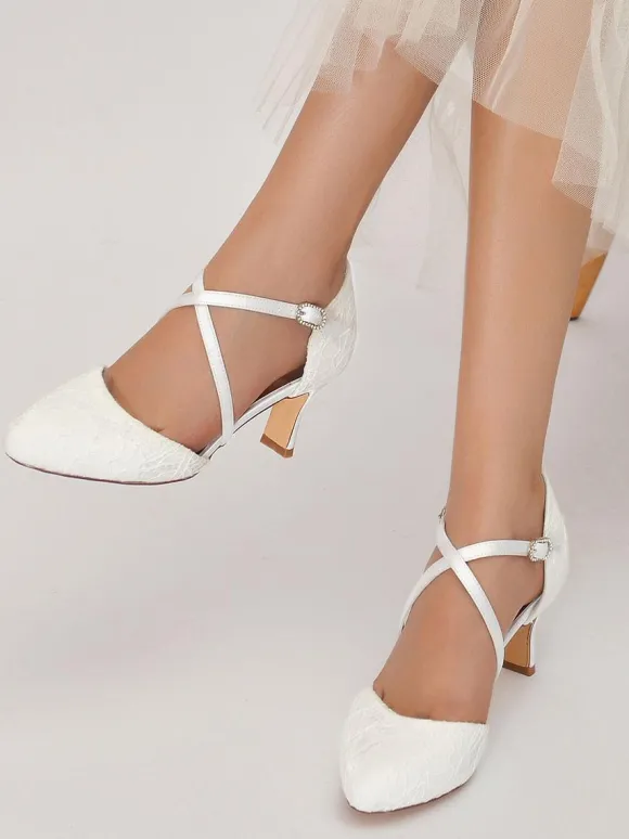 Chaussures De Mariée Pour Femme En Dentelle Bout Rond Strass Talon Trotteur Chaussures De Mariage À Lacets