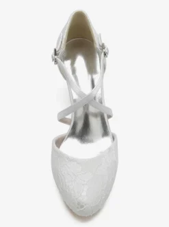 Chaussures De Mariée Pour Femme En Dentelle Bout Rond Strass Talon Trotteur Chaussures De Mariage À Lacets
