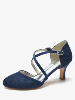 Chaussures De Mariée Pour Femme En Dentelle Bout Rond Strass Talon Trotteur Chaussures De Mariage À Lacets