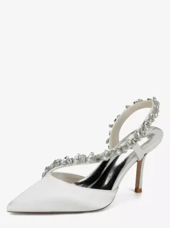 Chaussures de mariée à talons hauts bout pointu en satin strass talon aiguille