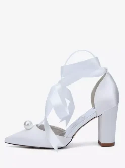 Chaussures de mariée à talons épais en satin bout pointu perles et lacets