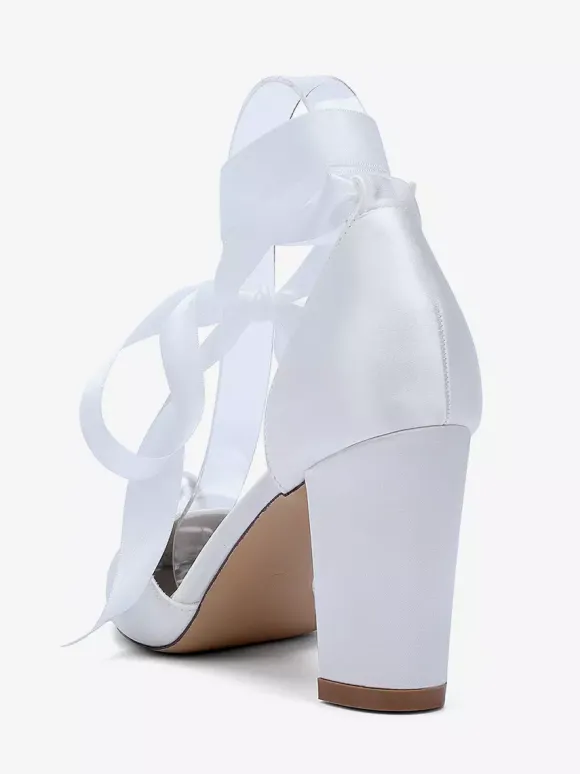 Chaussures de mariée à talons épais en satin bout pointu perles et lacets