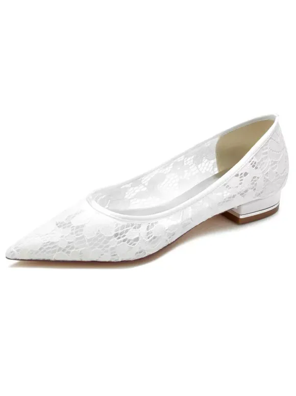 Chaussures de Mariée Transparentes Mariage Femme Bout Pointu en Dentelle Talon Bas