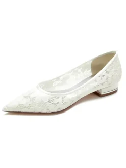 Chaussures de Mariée Transparentes Mariage Femme Bout Pointu en Dentelle Talon Bas