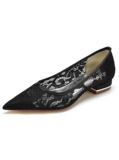 Chaussures de Mariée Transparentes Mariage Femme Bout Pointu en Dentelle Talon Bas