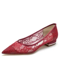 Chaussures de Mariée Transparentes Mariage Femme Bout Pointu en Dentelle Talon Bas