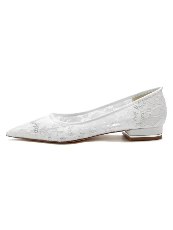Chaussures de Mariée Transparentes Mariage Femme Bout Pointu en Dentelle Talon Bas