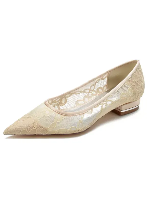 Chaussures de Mariée Transparentes Mariage Femme Bout Pointu en Dentelle Talon Bas