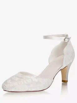 Chaussures De Mariée Vintage Ivoire En Satin Sangle Talon Carrée Chaussures Mariage Rétro