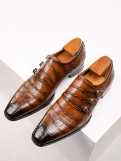 Chaussures de moine pour hommes bout carré détails métalliques cuir