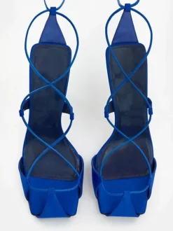 Chaussures de soirée en satin bleu à lacets chaussures sandales à talons hauts pour femmes