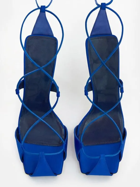 Chaussures de soirée en satin bleu à lacets chaussures sandales à talons hauts pour femmes