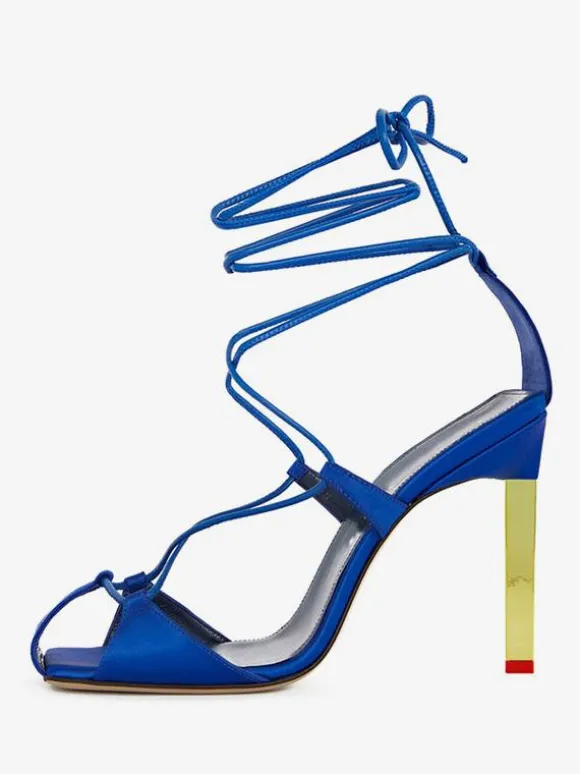 Chaussures de soirée en satin bleu à lacets chaussures sandales à talons hauts pour femmes